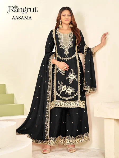 Rangrut Aasama Chinon Embroidery Plazzo Suits Exporters In India